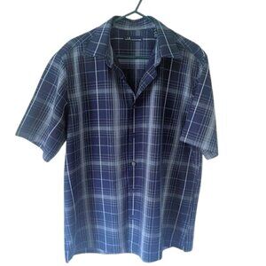 John Ashford Shirt Men's M Plaid Blue White Short Sleeve Button Up